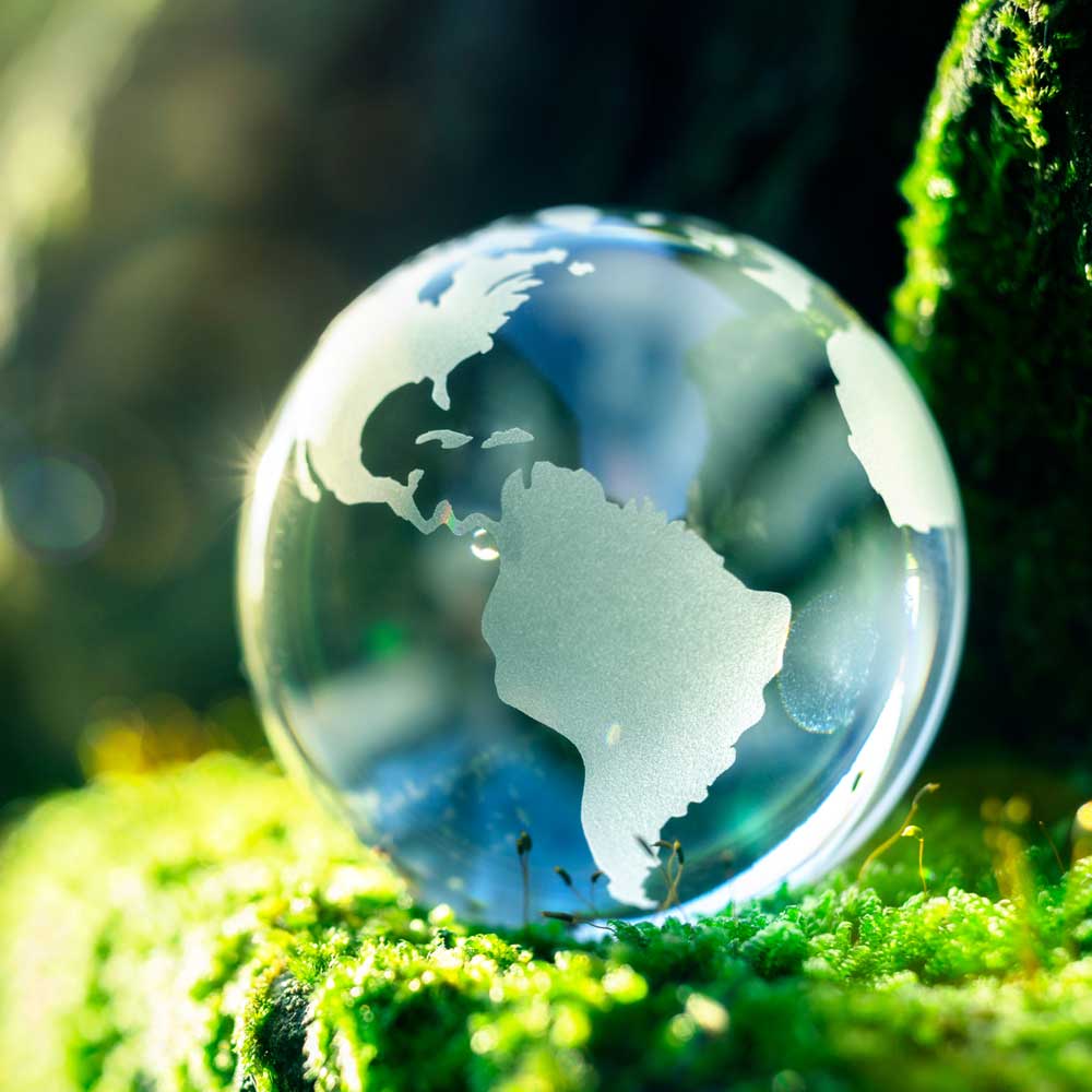 Gläserne Erde auf Moos zur Symbolisierung von Nachhaltigkeit