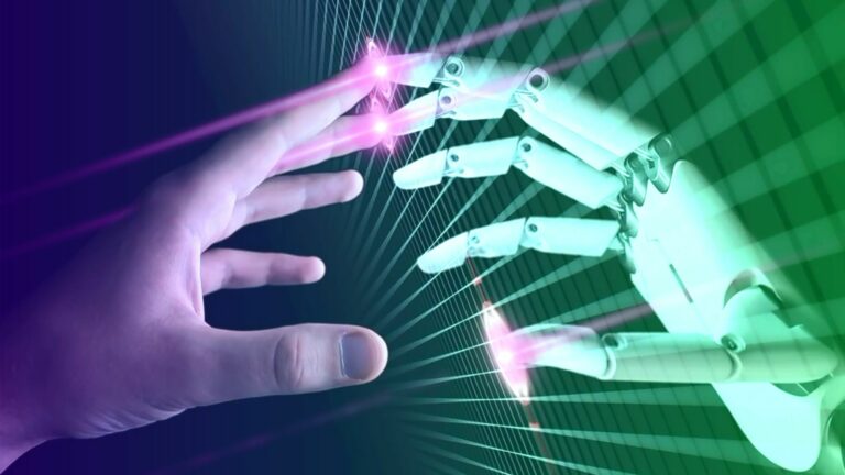 Menschliche Hand und Roboterhand berühren sich