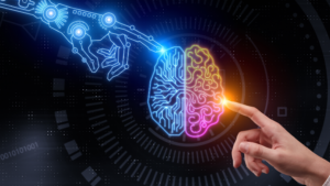 3D Darstellung für Künstliche Intelligenz (KI), Menschliche Hand berührt leuchtendes, digitales Gehirn