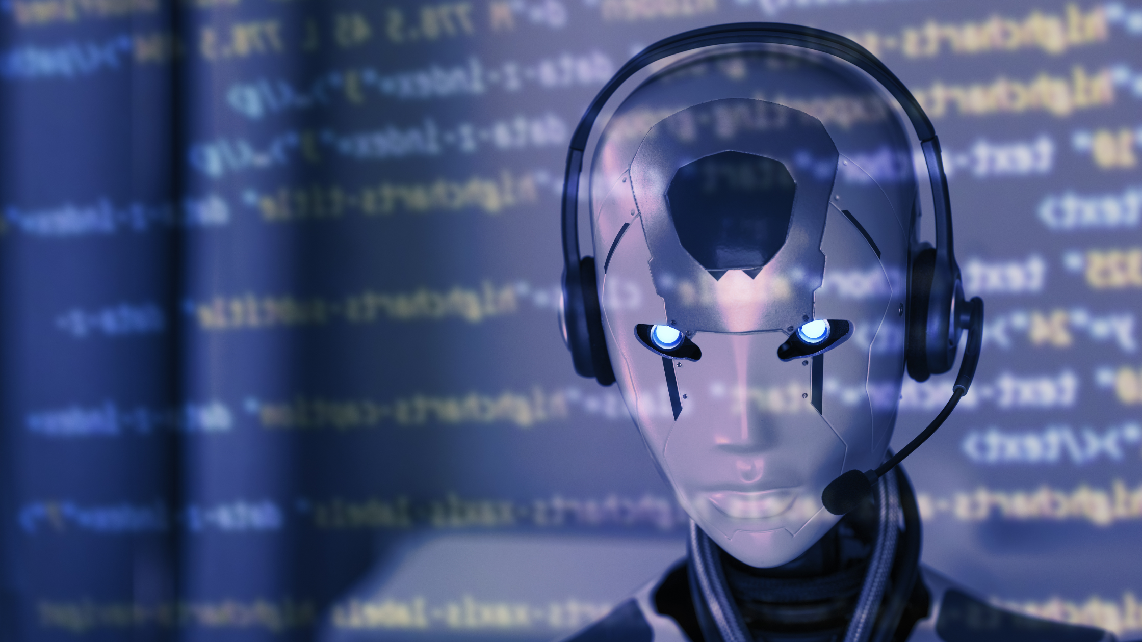 Abbildung eines Roboters vor Programmiercodes
